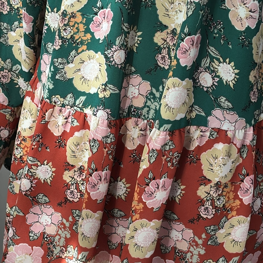 🌿 DR2 Daniel Rainn Floral Boho Tunic Blouse XL Green Flowy Tassel Top - Picture 9 of 12